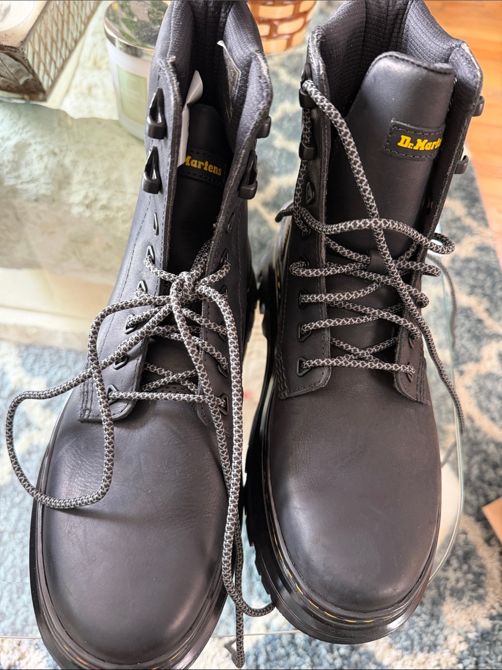 Dr. Martens Black Leather Lace-Up Combat Boots with Contrasting Gray Laces
